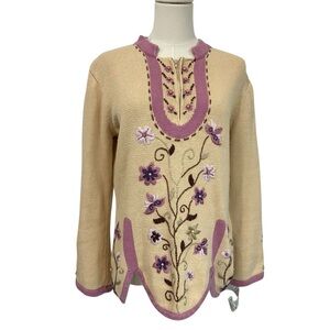 Storybook Knits Irresistible Floral Sweater Zip Neck Nordic Beige Sz Small Vtg